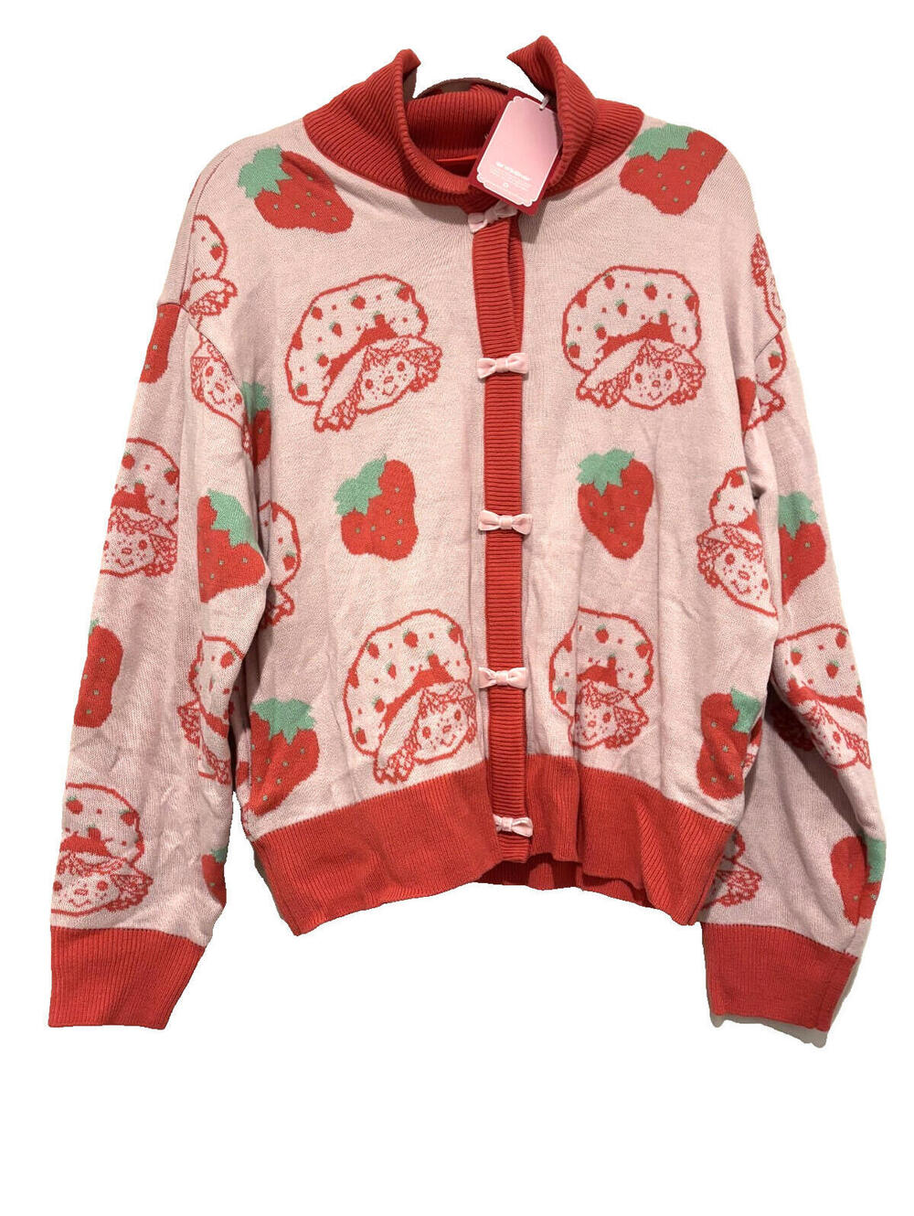 Strawberry Shortcake Hot Topic sz M pink bow cardigan sweater #3418 new tags